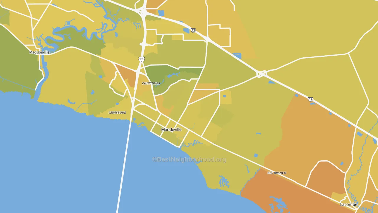 Map of the best neighborhoods in the 70448 area, with better matches in green and worse matches in red