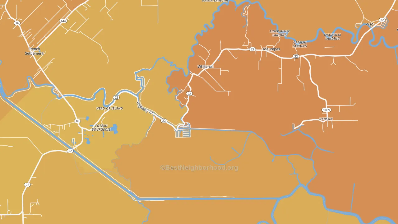Map of the best neighborhoods in the 70449 area, with better matches in green and worse matches in red