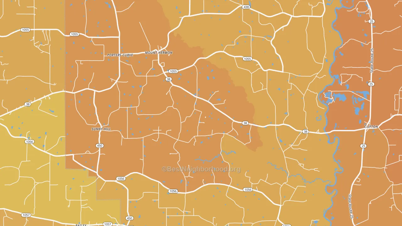 Map of the best neighborhoods in the 70450 area, with better matches in green and worse matches in red