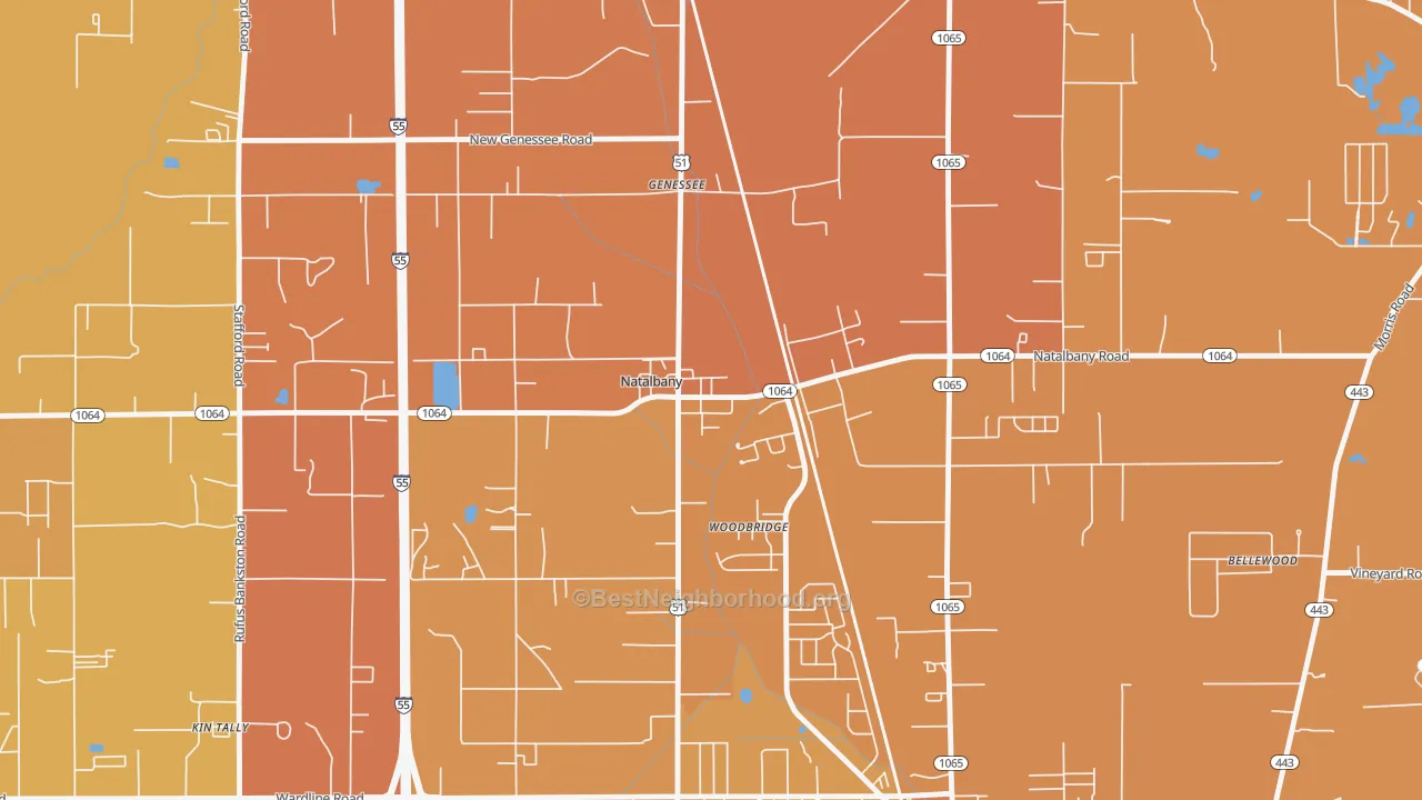 Map of the best neighborhoods in the 70451 area, with better matches in green and worse matches in red