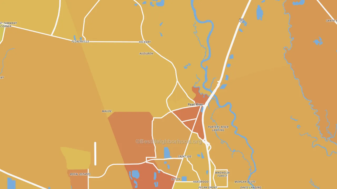 Map of the best neighborhoods in the 70452 area, with better matches in green and worse matches in red