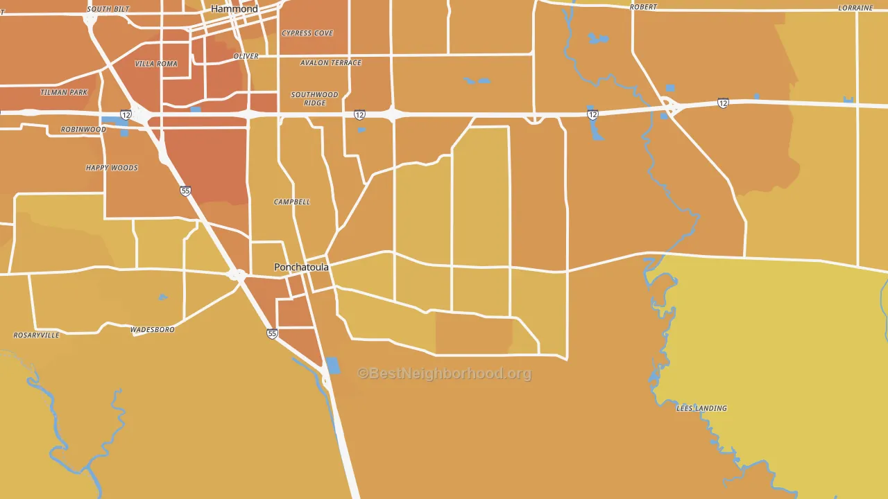 Map of the best neighborhoods in the 70454 area, with better matches in green and worse matches in red