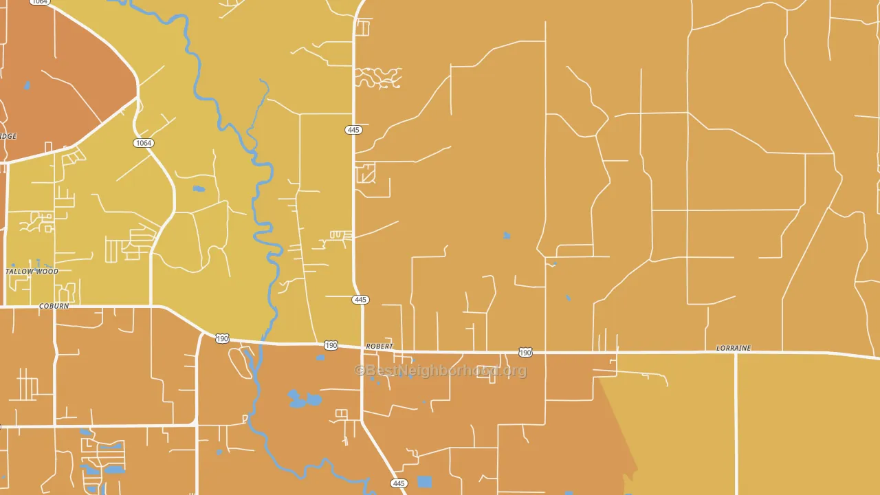 Map of the best neighborhoods in the 70455 area, with better matches in green and worse matches in red