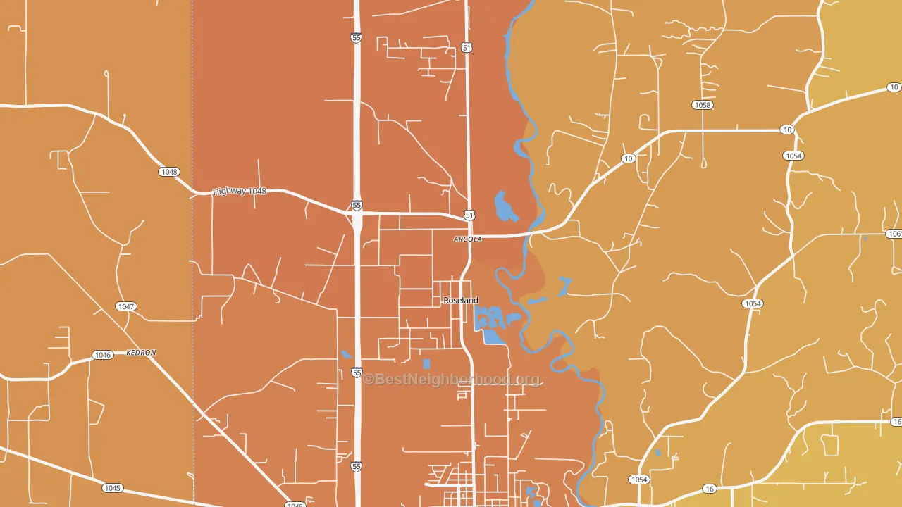 Map of the best neighborhoods in the 70456 area, with better matches in green and worse matches in red