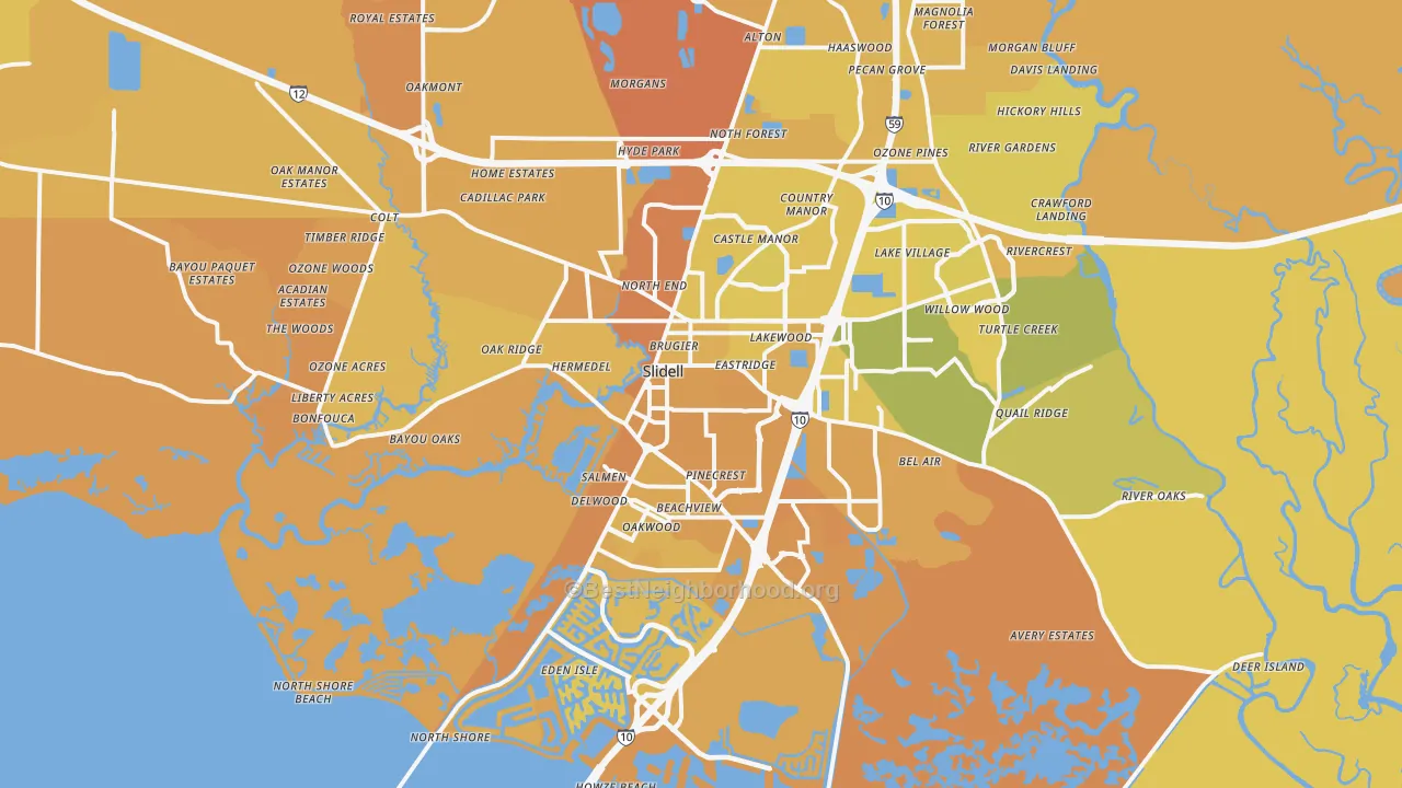 Map of the best neighborhoods in the 70458 area, with better matches in green and worse matches in red