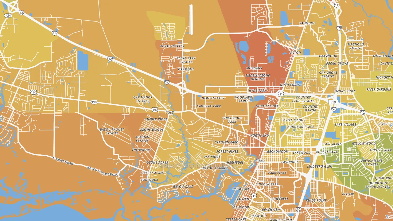 Map of the best neighborhoods in the 70460 area, with better matches in green and worse matches in red