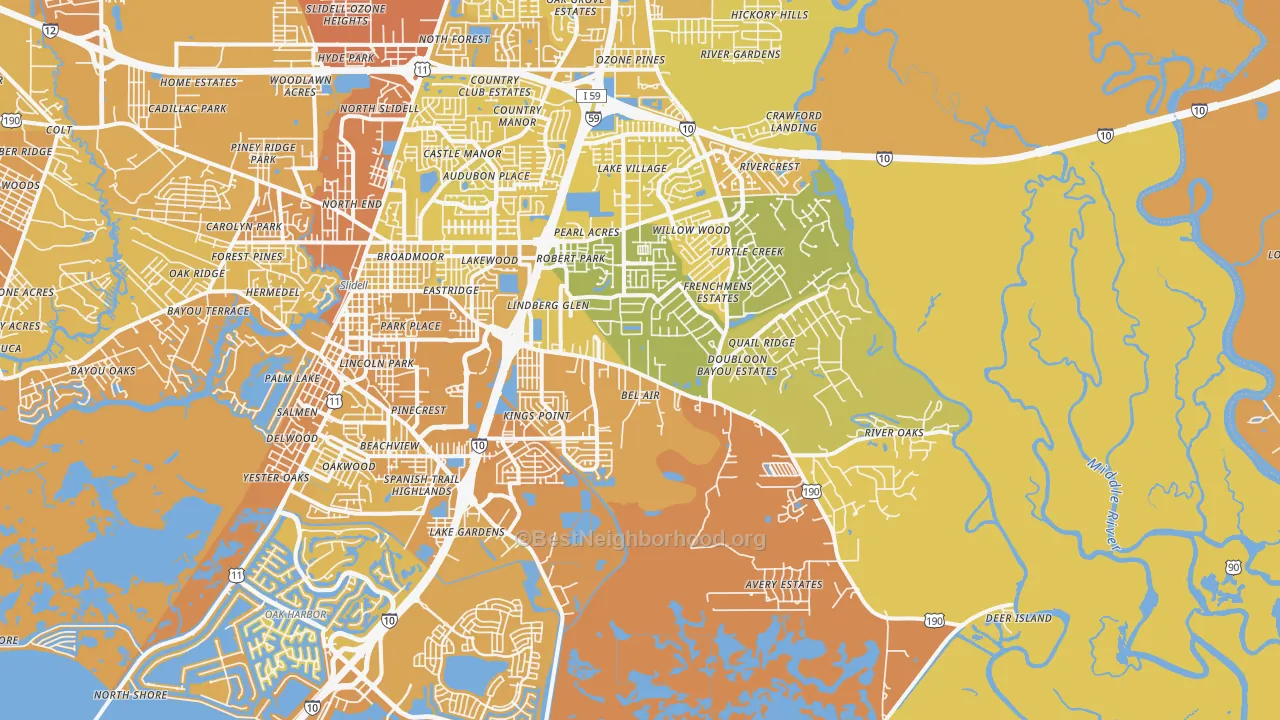 Map of the best neighborhoods in the 70461 area, with better matches in green and worse matches in red