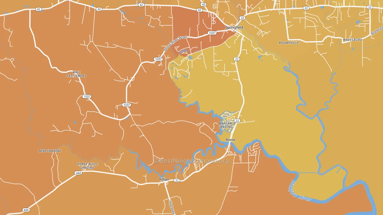 Map of the best neighborhoods in the 70462 area, with better matches in green and worse matches in red