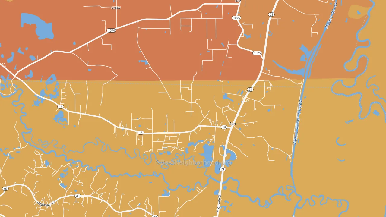 Map of the best neighborhoods in the 70463 area, with better matches in green and worse matches in red