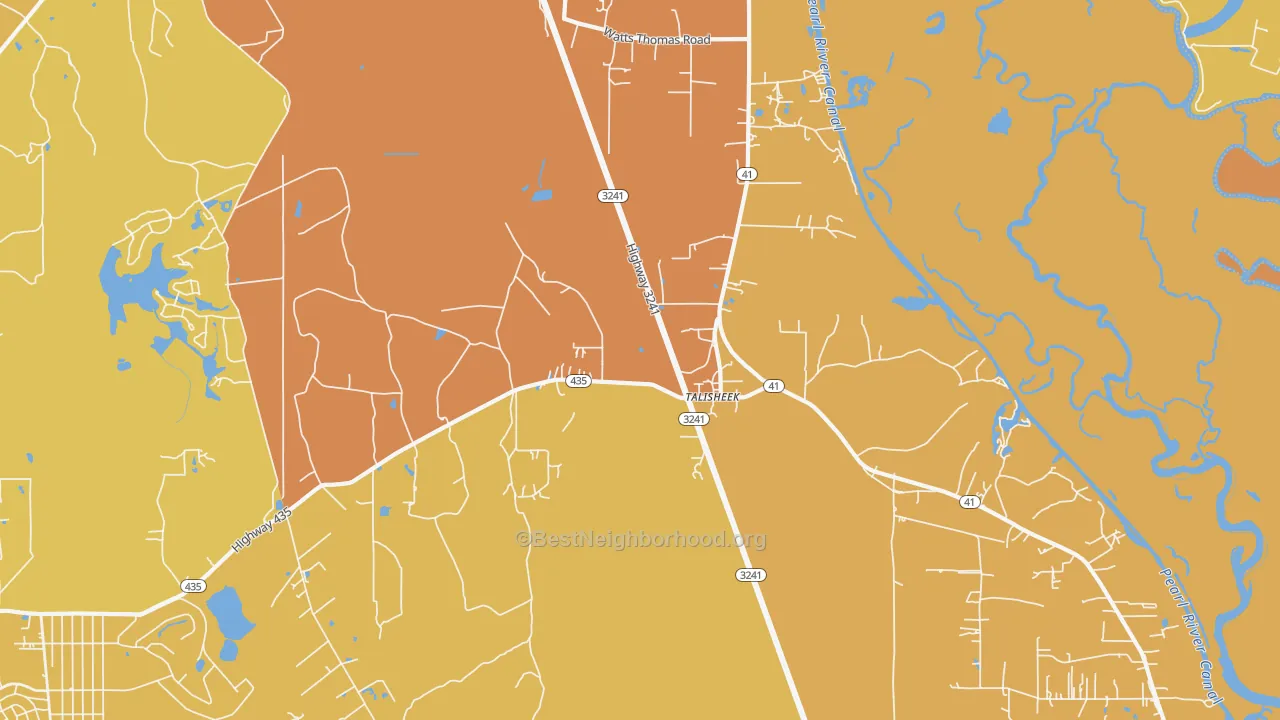 Map of the best neighborhoods in the 70464 area, with better matches in green and worse matches in red