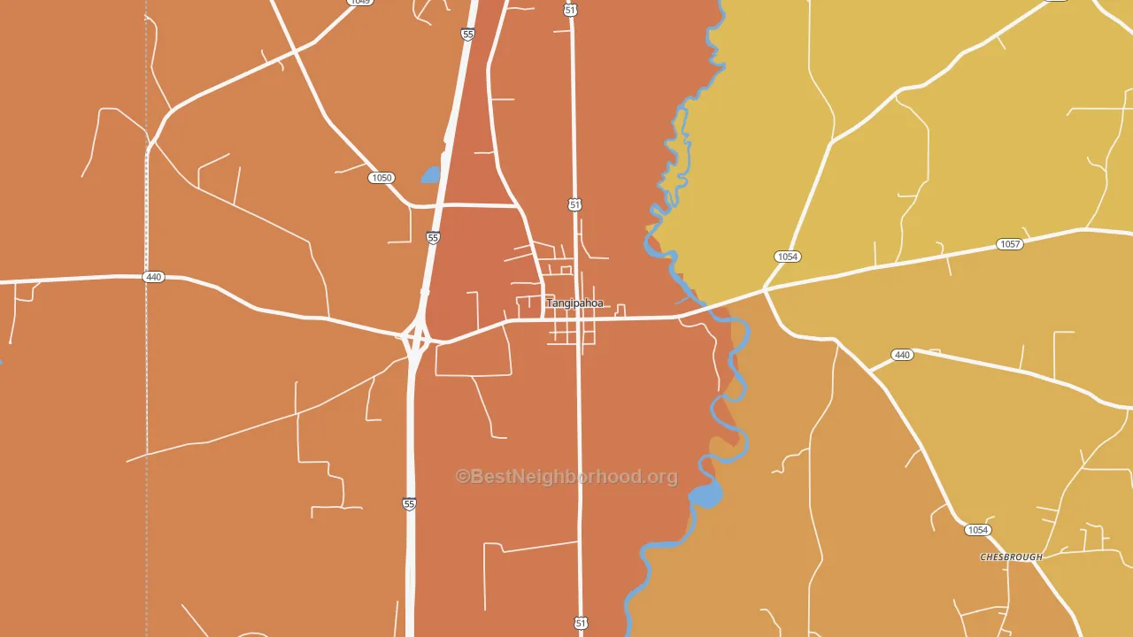 Map of the best neighborhoods in the 70465 area, with better matches in green and worse matches in red