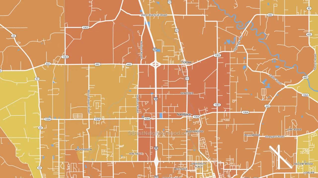 Map of the best neighborhoods in the 70466 area, with better matches in green and worse matches in red