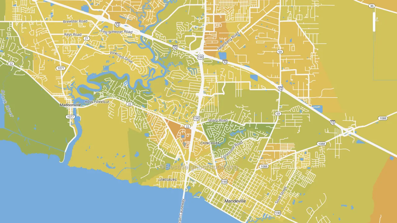 Map of the best neighborhoods in the 70471 area, with better matches in green and worse matches in red