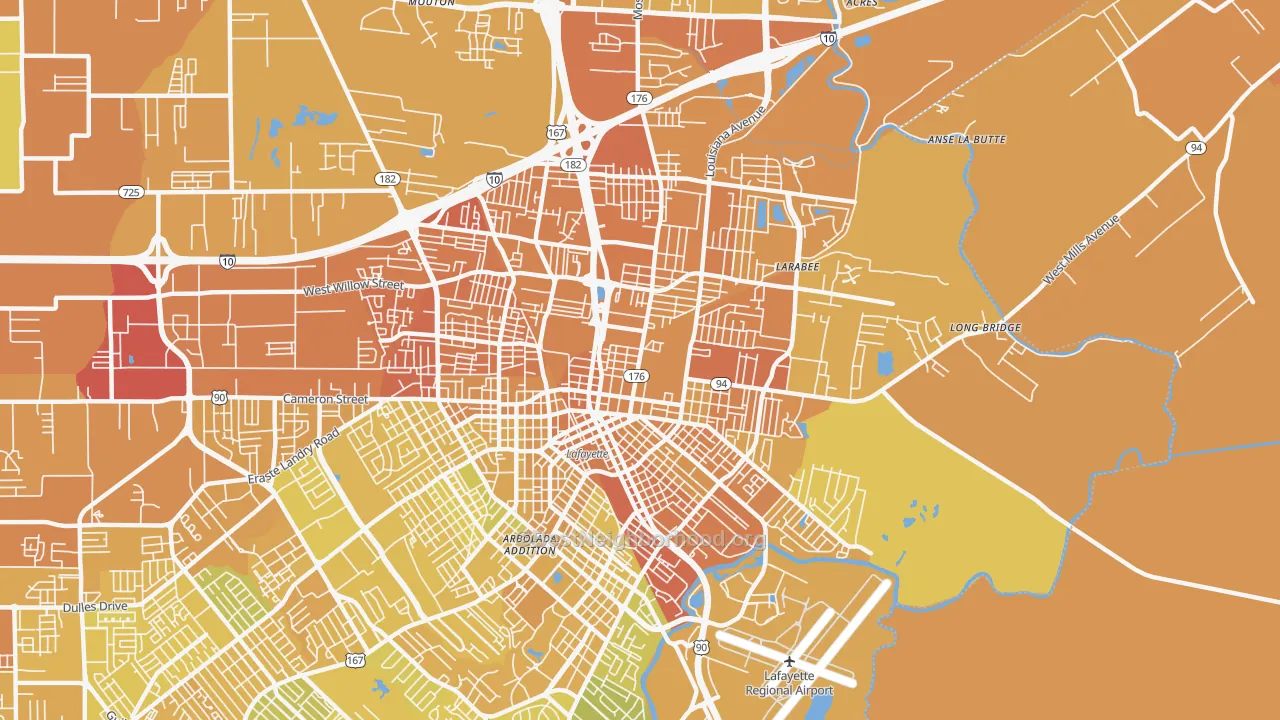 Map of the best neighborhoods in the 70501 area, with better matches in green and worse matches in red