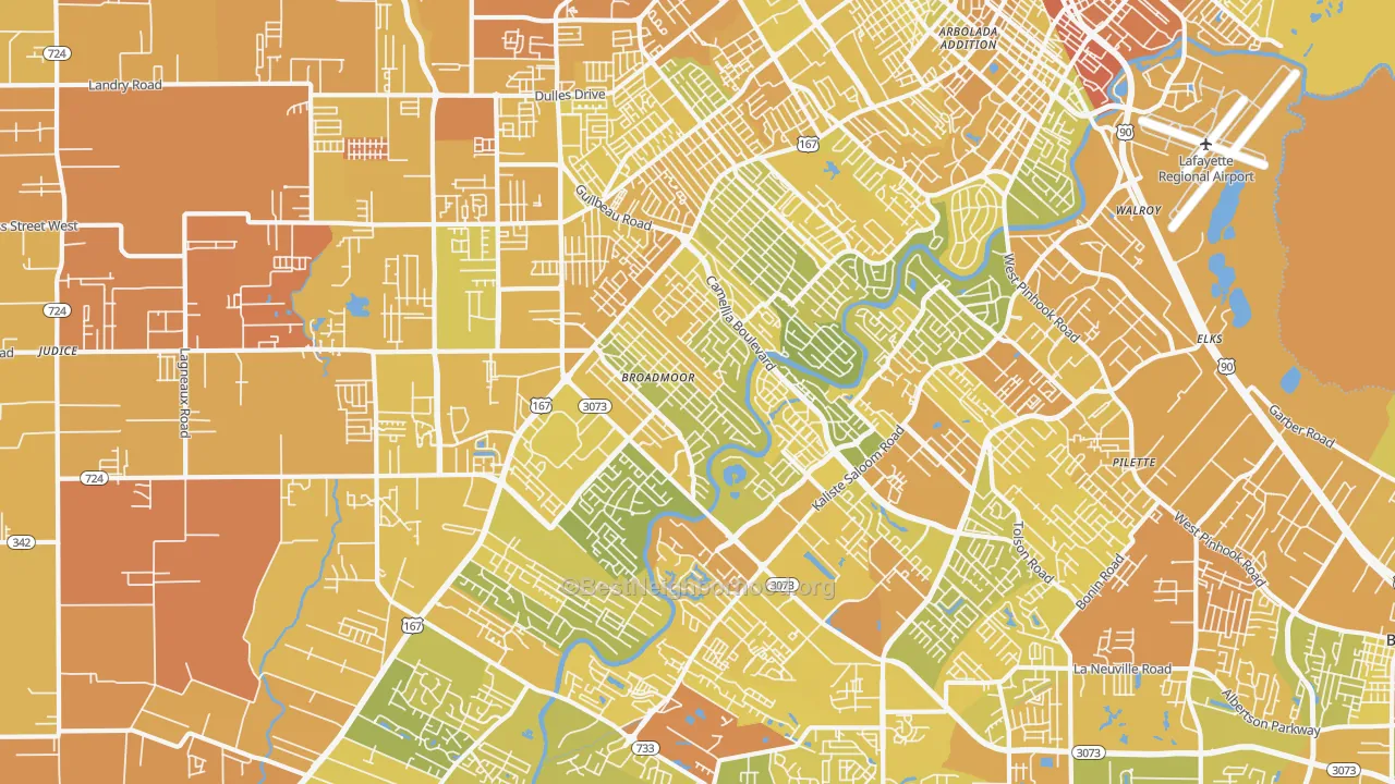 Map of the best neighborhoods in the 70503 area, with better matches in green and worse matches in red