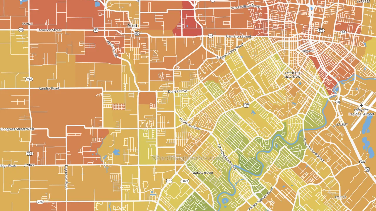 Map of the best neighborhoods in the 70506 area, with better matches in green and worse matches in red