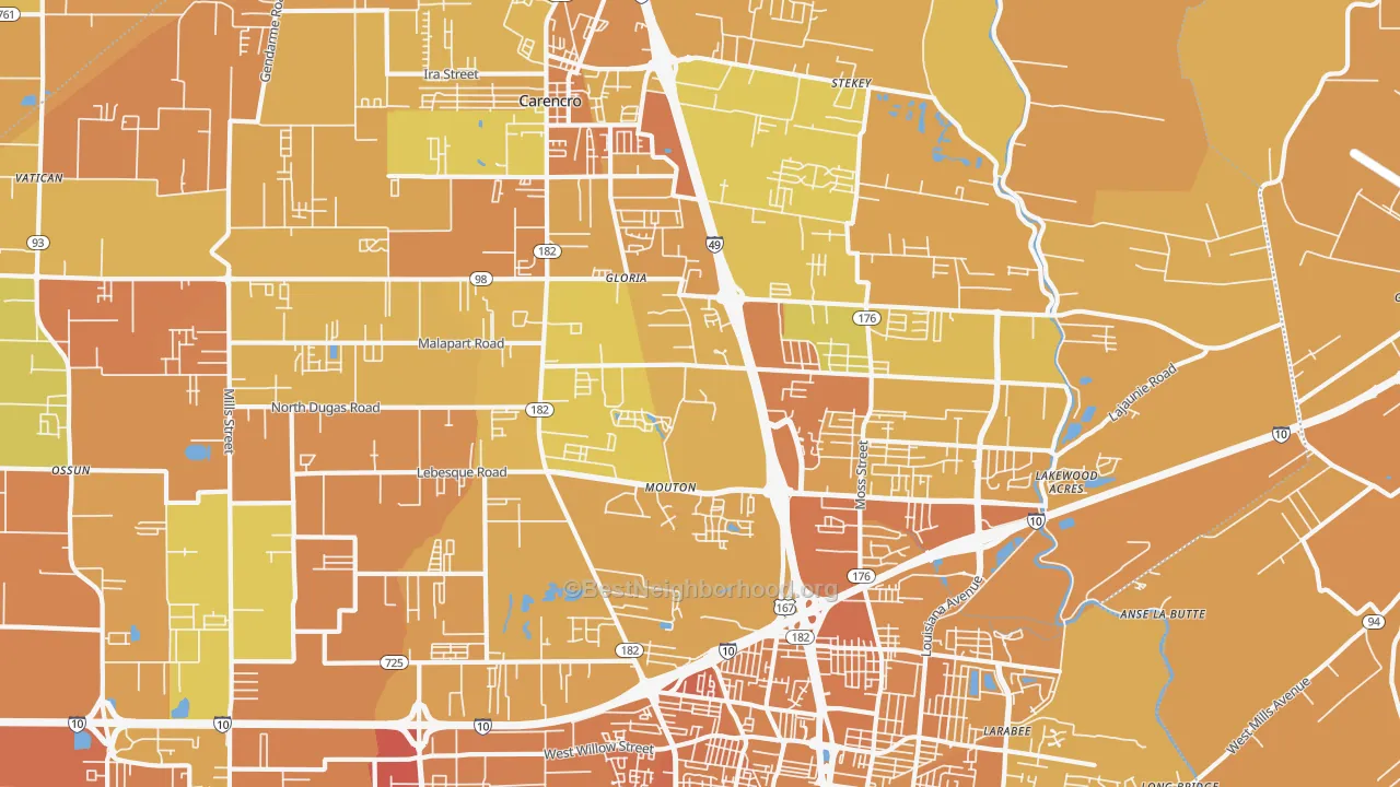 Map of the best neighborhoods in the 70507 area, with better matches in green and worse matches in red