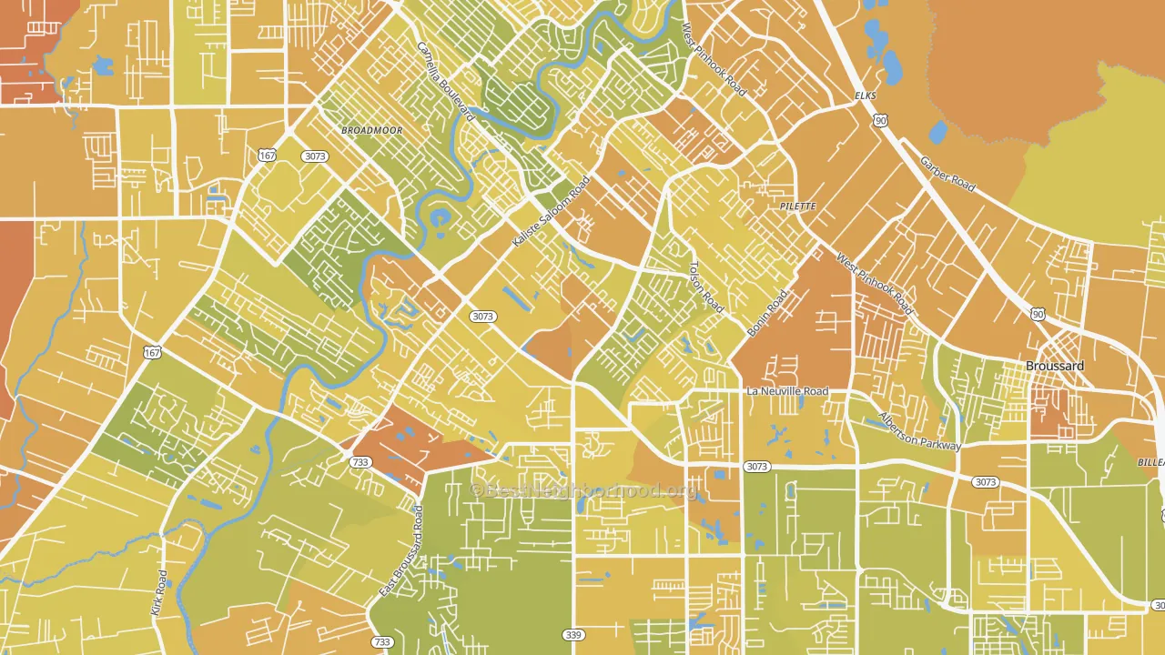 Map of the best neighborhoods in the 70508 area, with better matches in green and worse matches in red