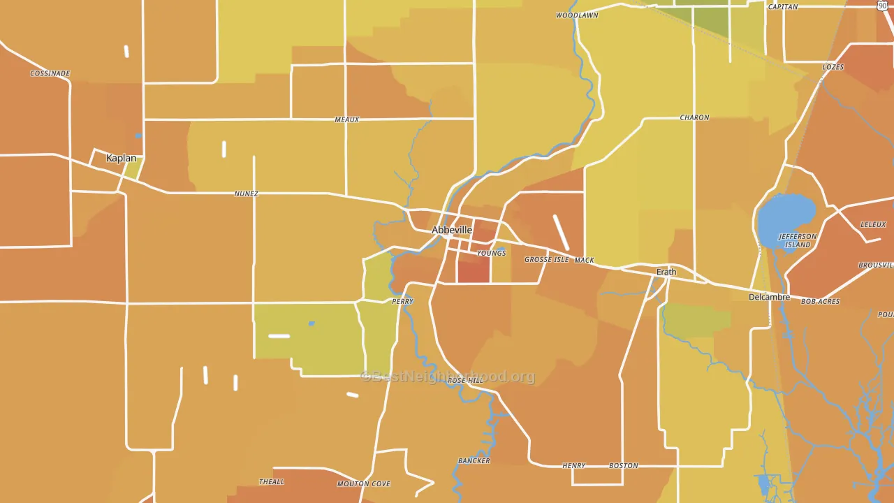 Map of the best neighborhoods in the 70510 area, with better matches in green and worse matches in red