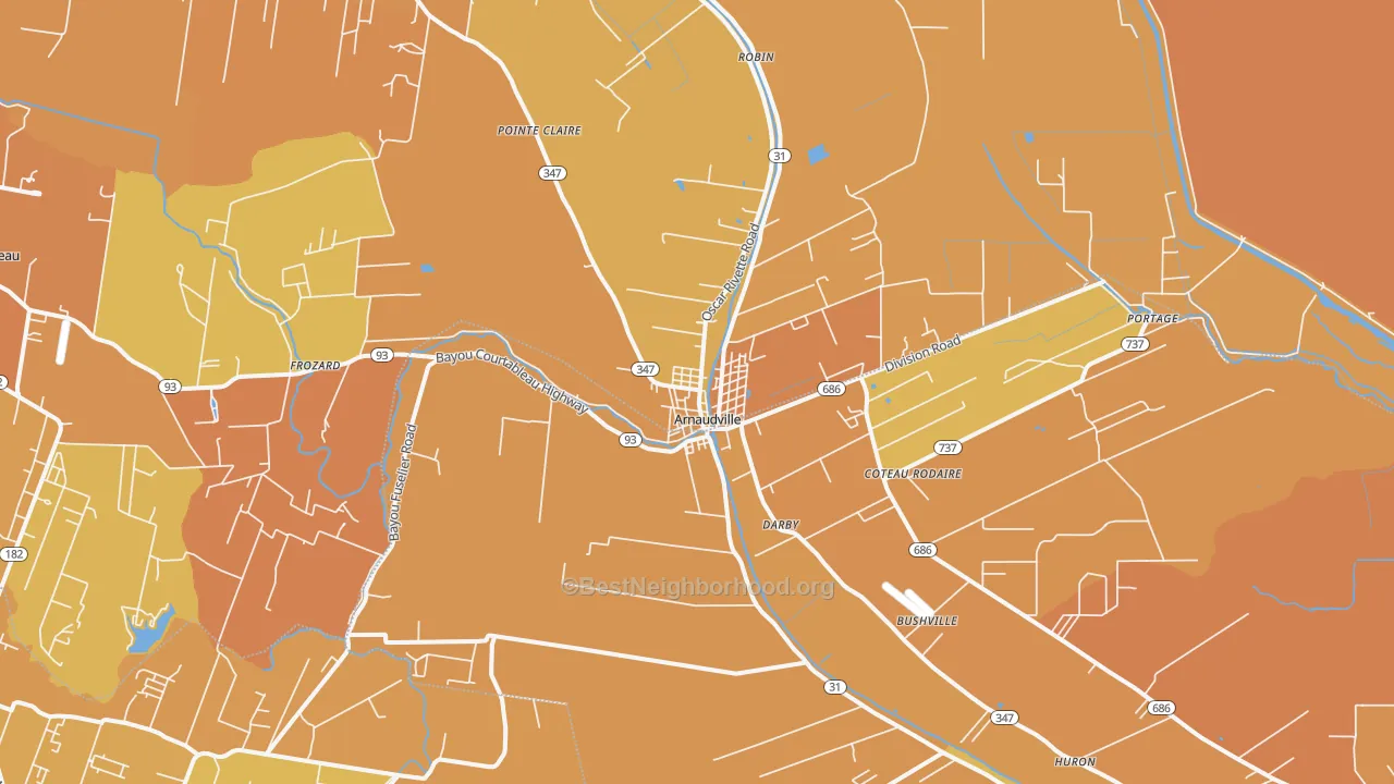 Map of the best neighborhoods in the 70512 area, with better matches in green and worse matches in red