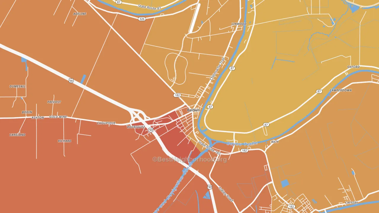 Map of the best neighborhoods in the 70514 area, with better matches in green and worse matches in red