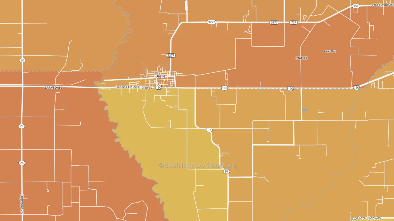 Map of the best neighborhoods in the 70515 area, with better matches in green and worse matches in red