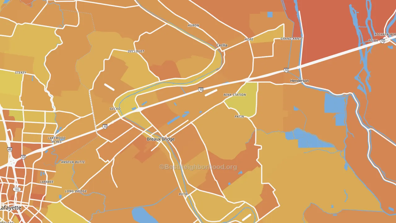 Map of the best neighborhoods in the 70517 area, with better matches in green and worse matches in red