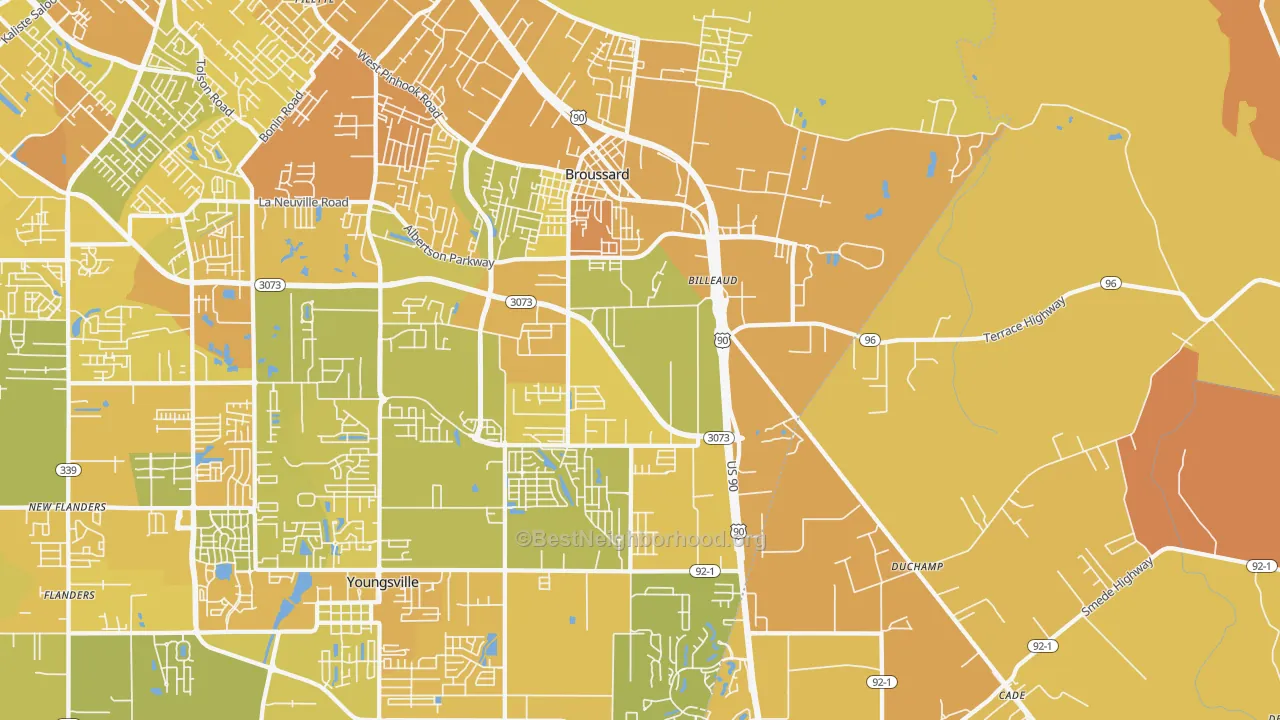 Map of the best neighborhoods in the 70518 area, with better matches in green and worse matches in red