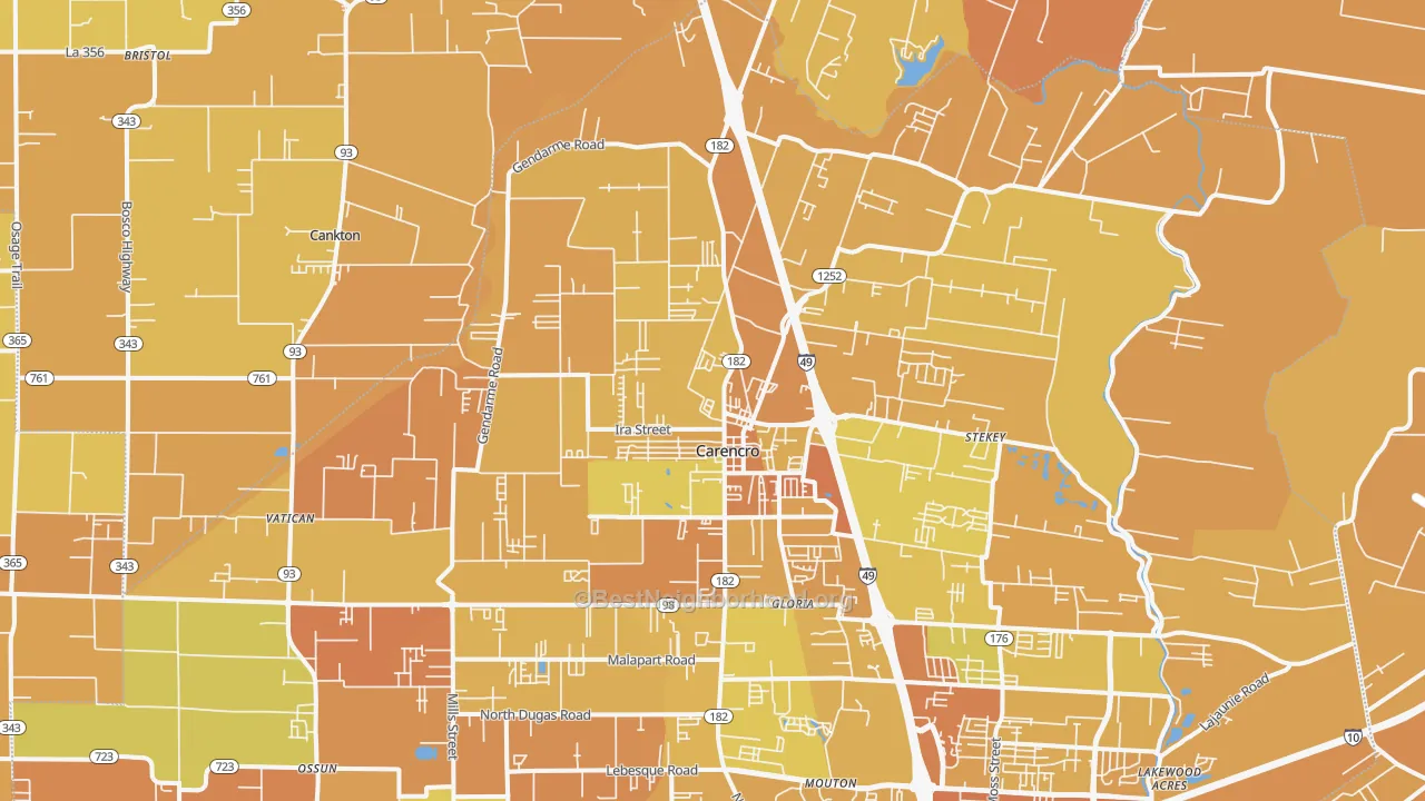 Map of the best neighborhoods in the 70520 area, with better matches in green and worse matches in red