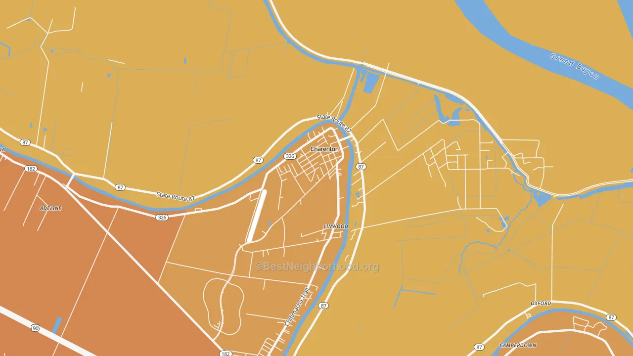 Map of the best neighborhoods in the 70523 area, with better matches in green and worse matches in red