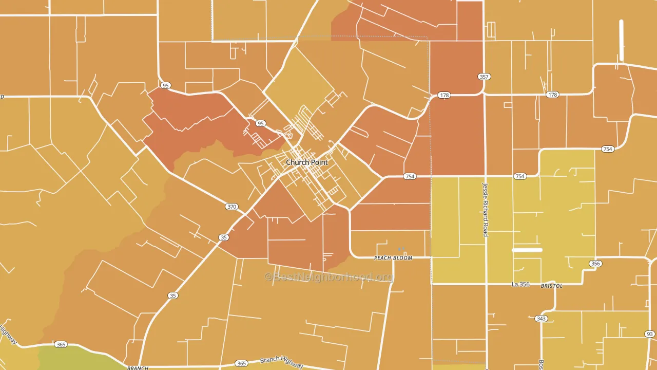 Map of the best neighborhoods in the 70525 area, with better matches in green and worse matches in red