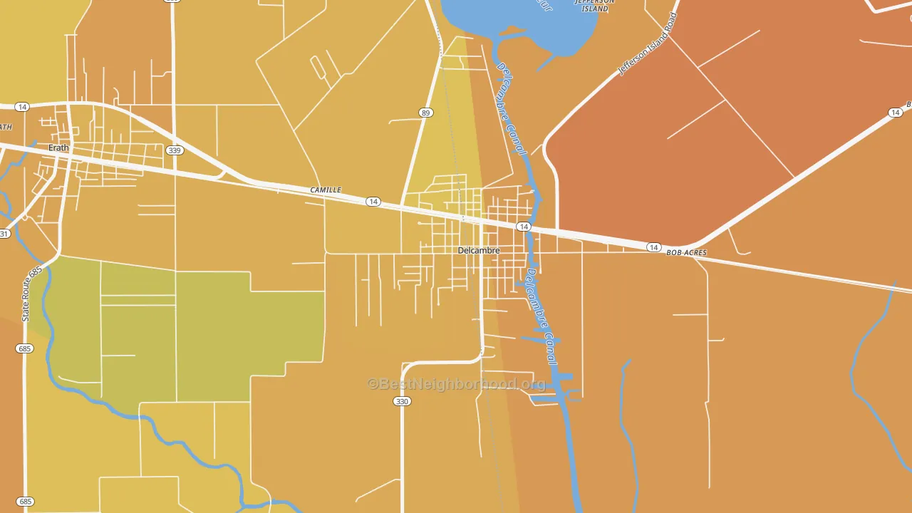 Map of the best neighborhoods in the 70528 area, with better matches in green and worse matches in red