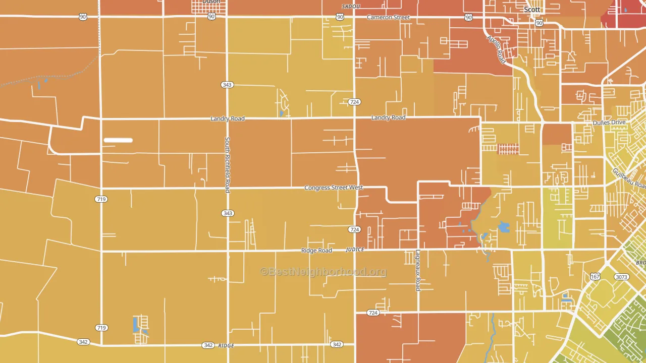 Map of the best neighborhoods in the 70529 area, with better matches in green and worse matches in red