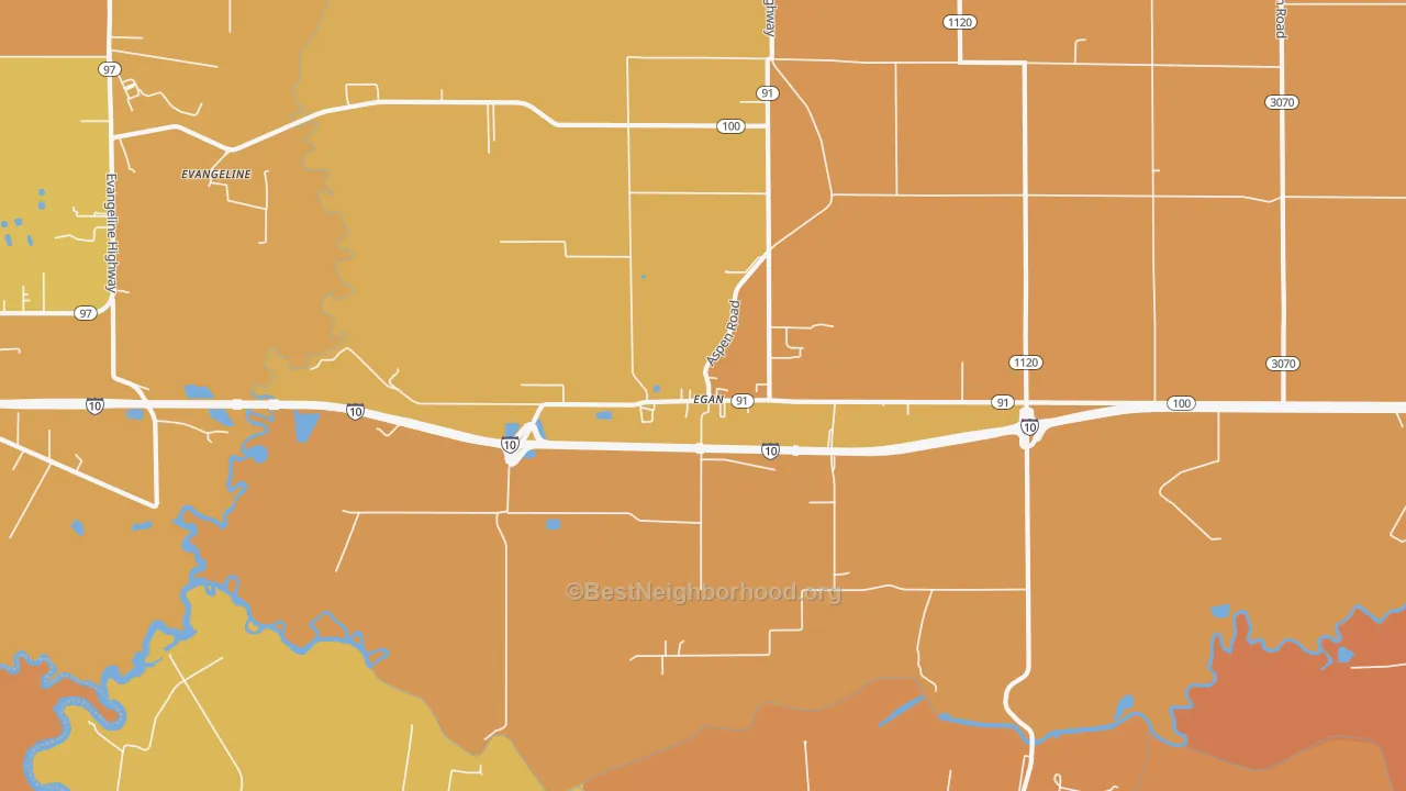 Map of the best neighborhoods in the 70531 area, with better matches in green and worse matches in red