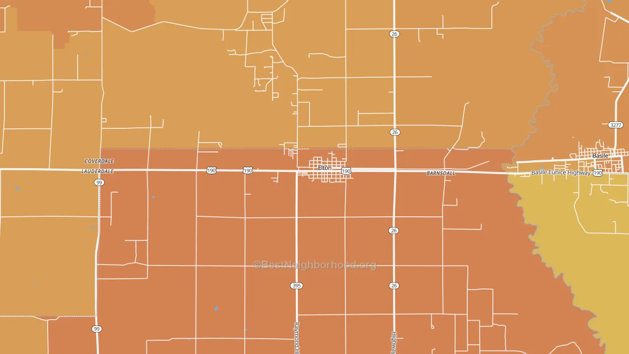Map of the best neighborhoods in the 70532 area, with better matches in green and worse matches in red