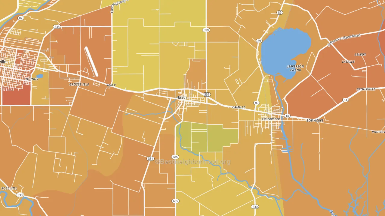 Map of the best neighborhoods in the 70533 area, with better matches in green and worse matches in red