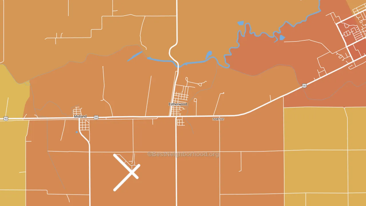 Map of the best neighborhoods in the 70534 area, with better matches in green and worse matches in red