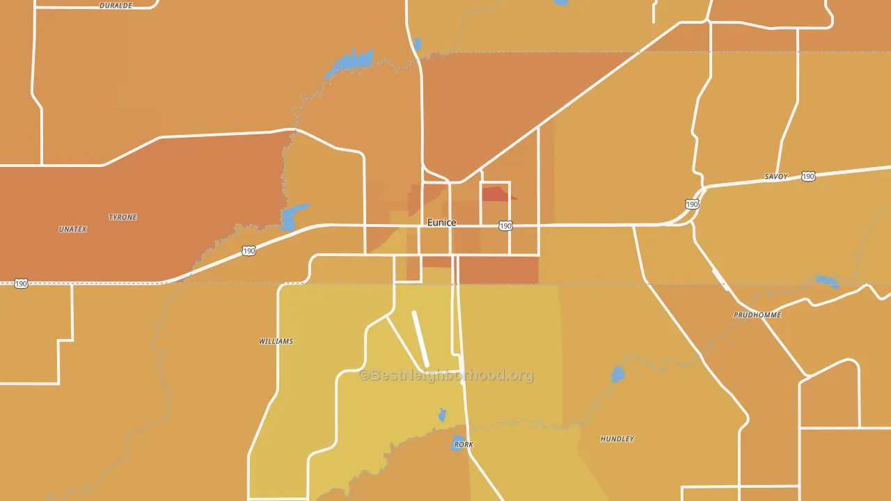 Map of the best neighborhoods in the 70535 area, with better matches in green and worse matches in red
