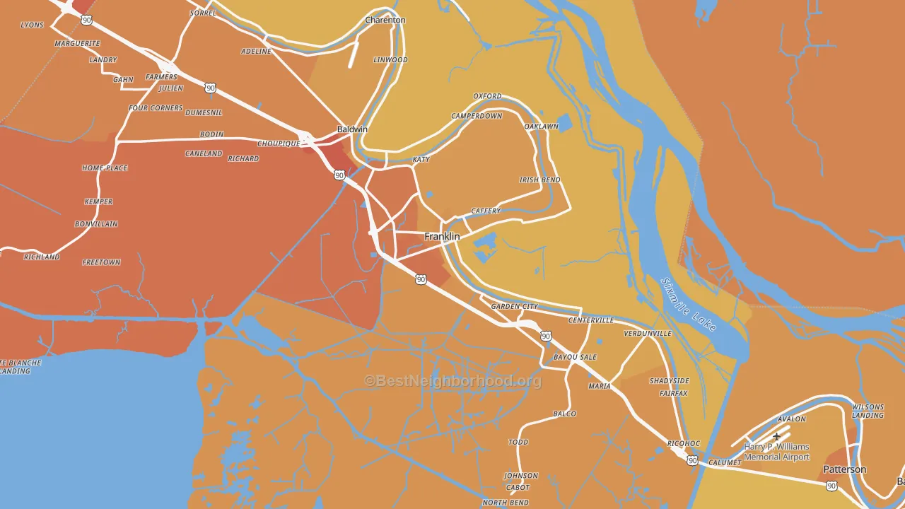 Map of the best neighborhoods in the 70538 area, with better matches in green and worse matches in red