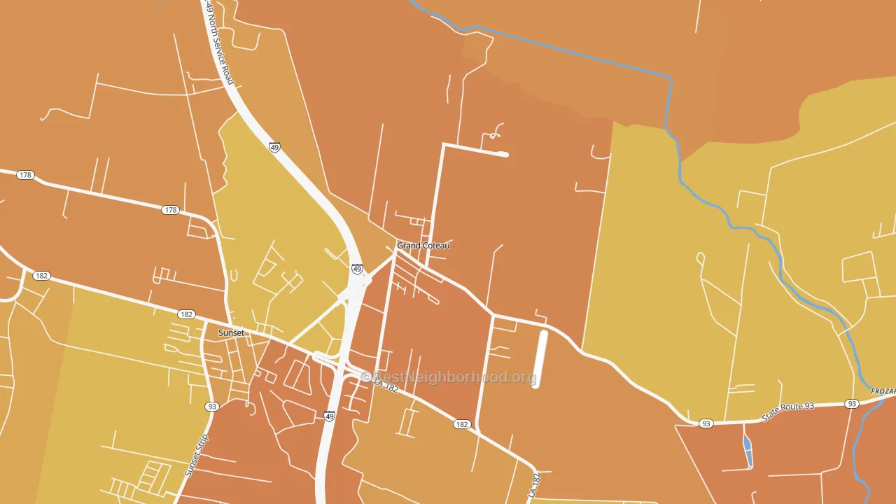 Map of the best neighborhoods in the 70541 area, with better matches in green and worse matches in red