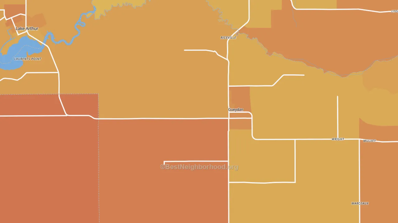 Map of the best neighborhoods in the 70542 area, with better matches in green and worse matches in red
