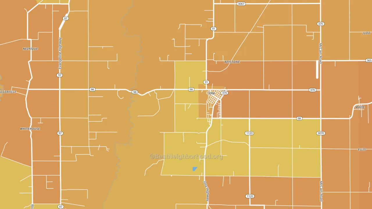 Map of the best neighborhoods in the 70543 area, with better matches in green and worse matches in red