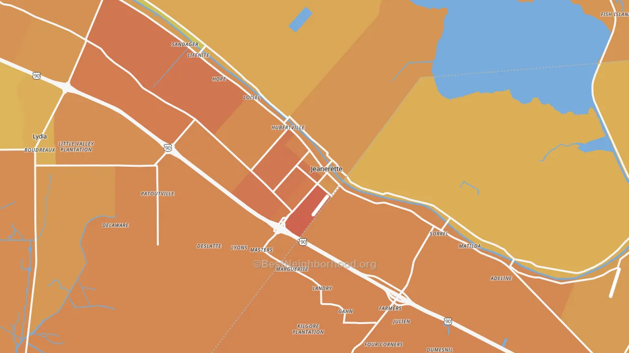 Map of the best neighborhoods in the 70544 area, with better matches in green and worse matches in red