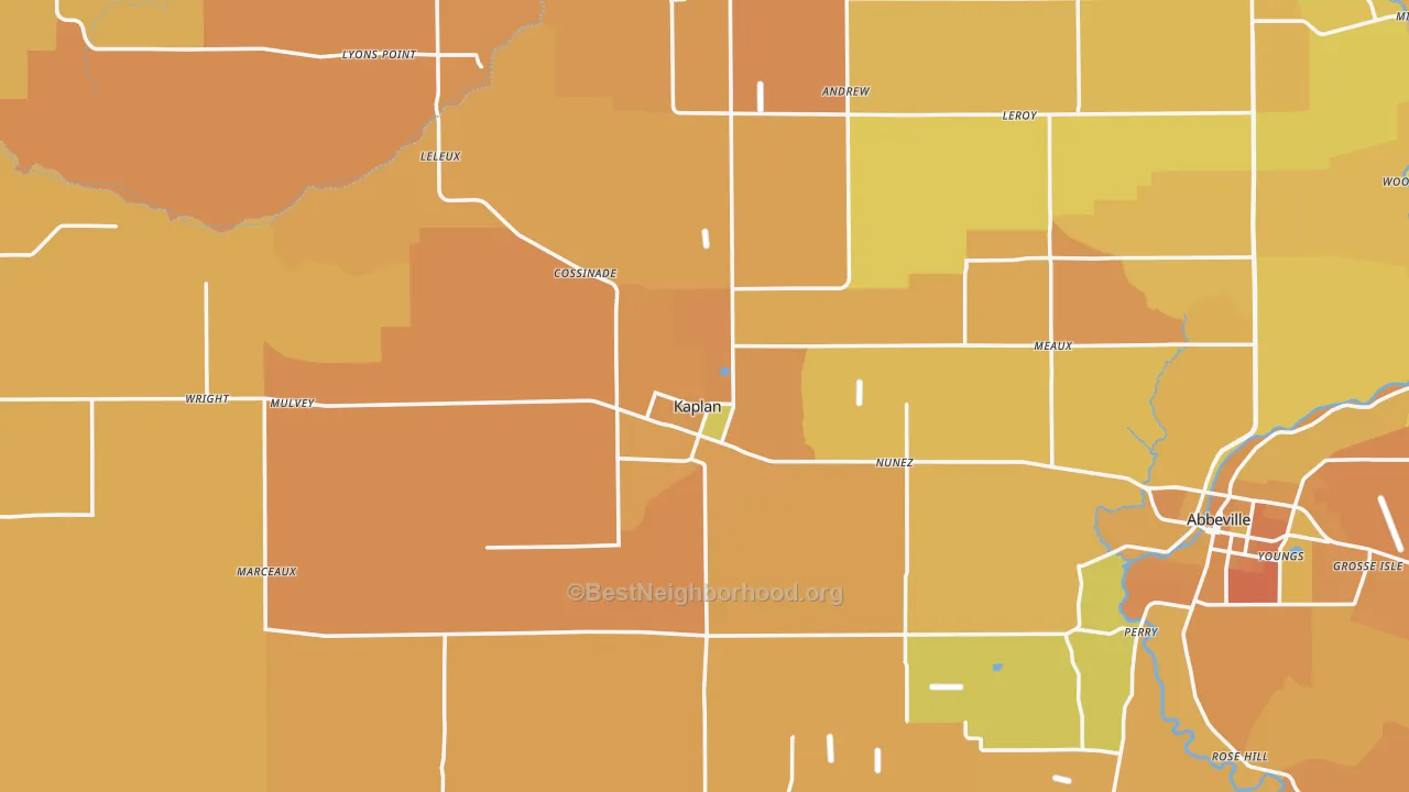 Map of the best neighborhoods in the 70548 area, with better matches in green and worse matches in red
