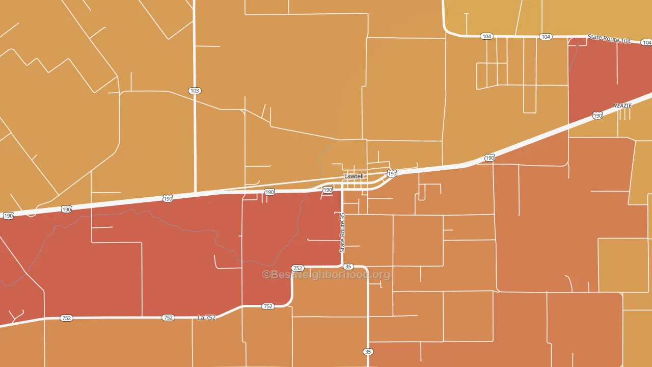 Map of the best neighborhoods in the 70550 area, with better matches in green and worse matches in red