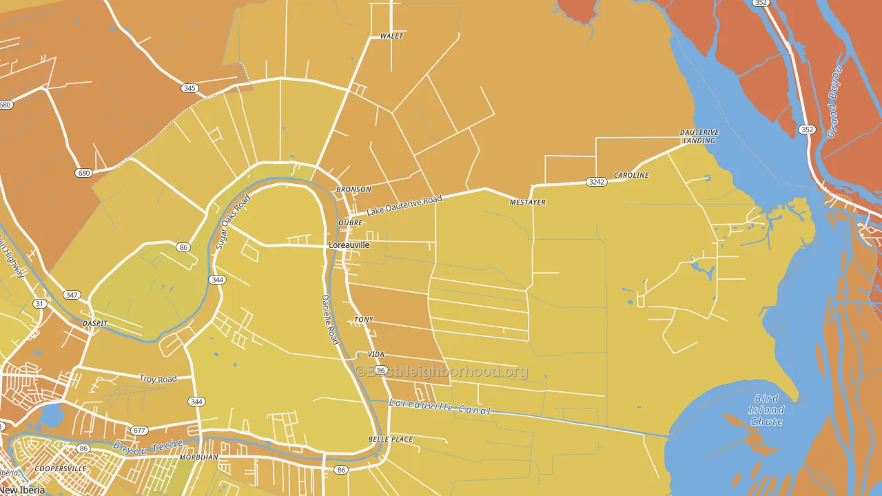 Map of the best neighborhoods in the 70552 area, with better matches in green and worse matches in red