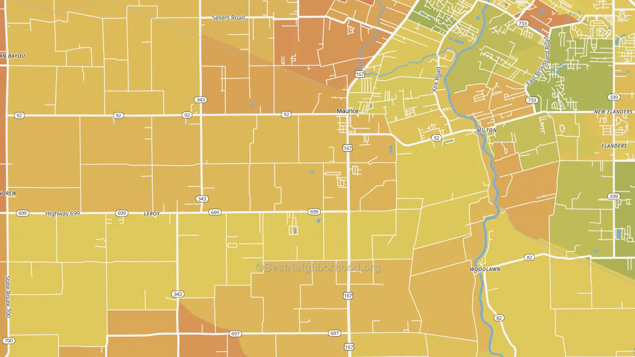 Map of the best neighborhoods in the 70555 area, with better matches in green and worse matches in red
