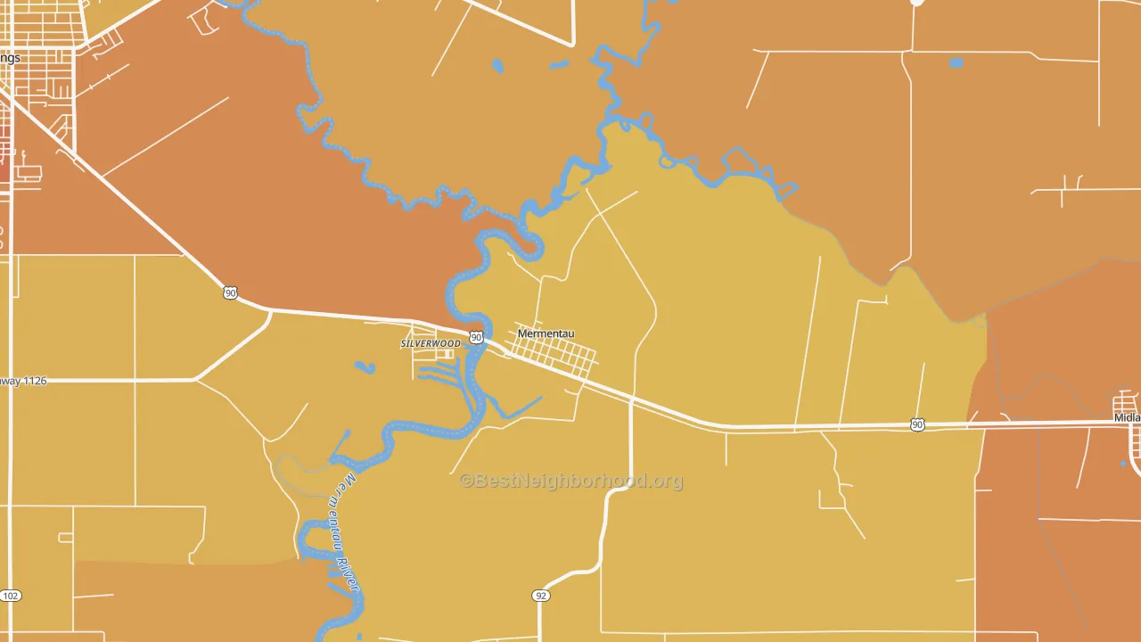 Map of the best neighborhoods in the 70556 area, with better matches in green and worse matches in red