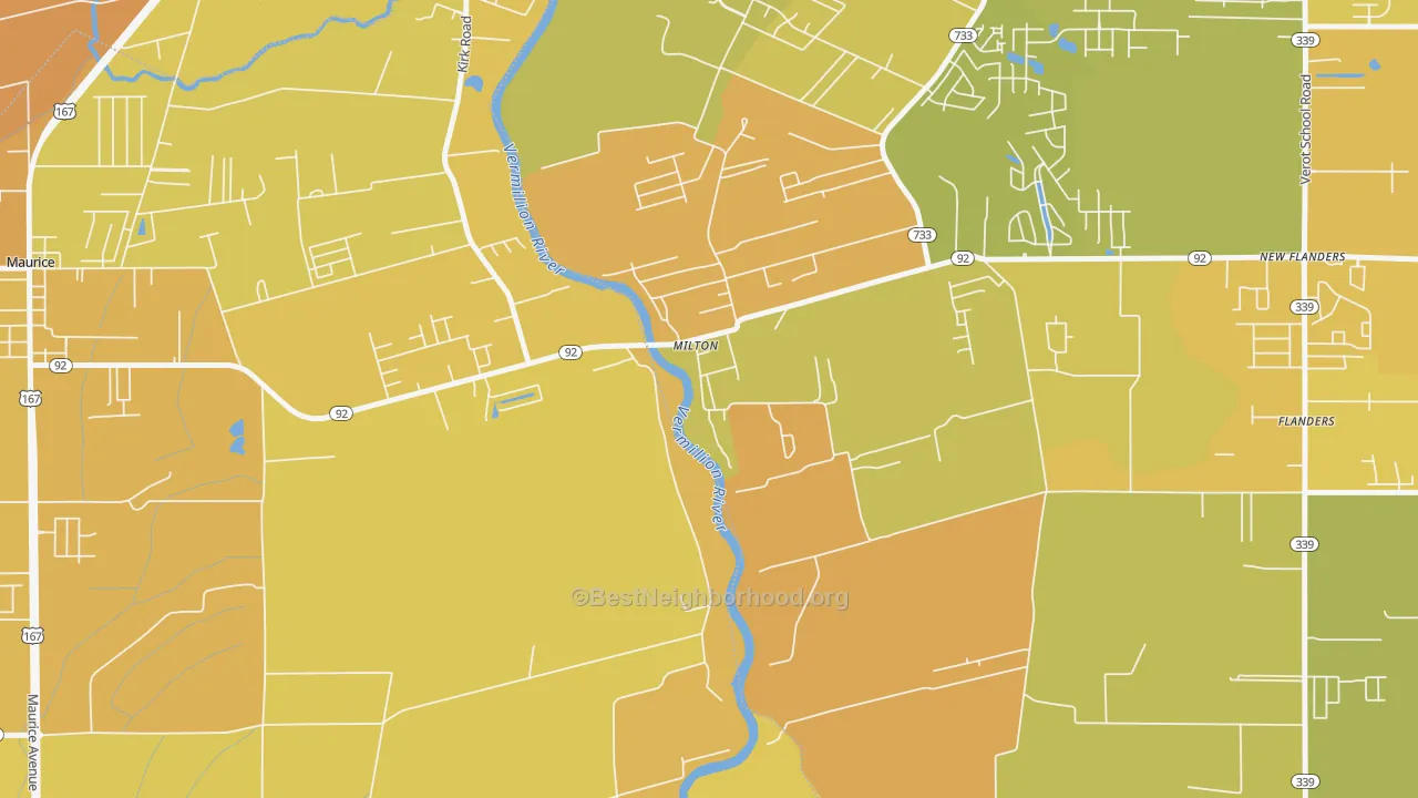Map of the best neighborhoods in the 70558 area, with better matches in green and worse matches in red