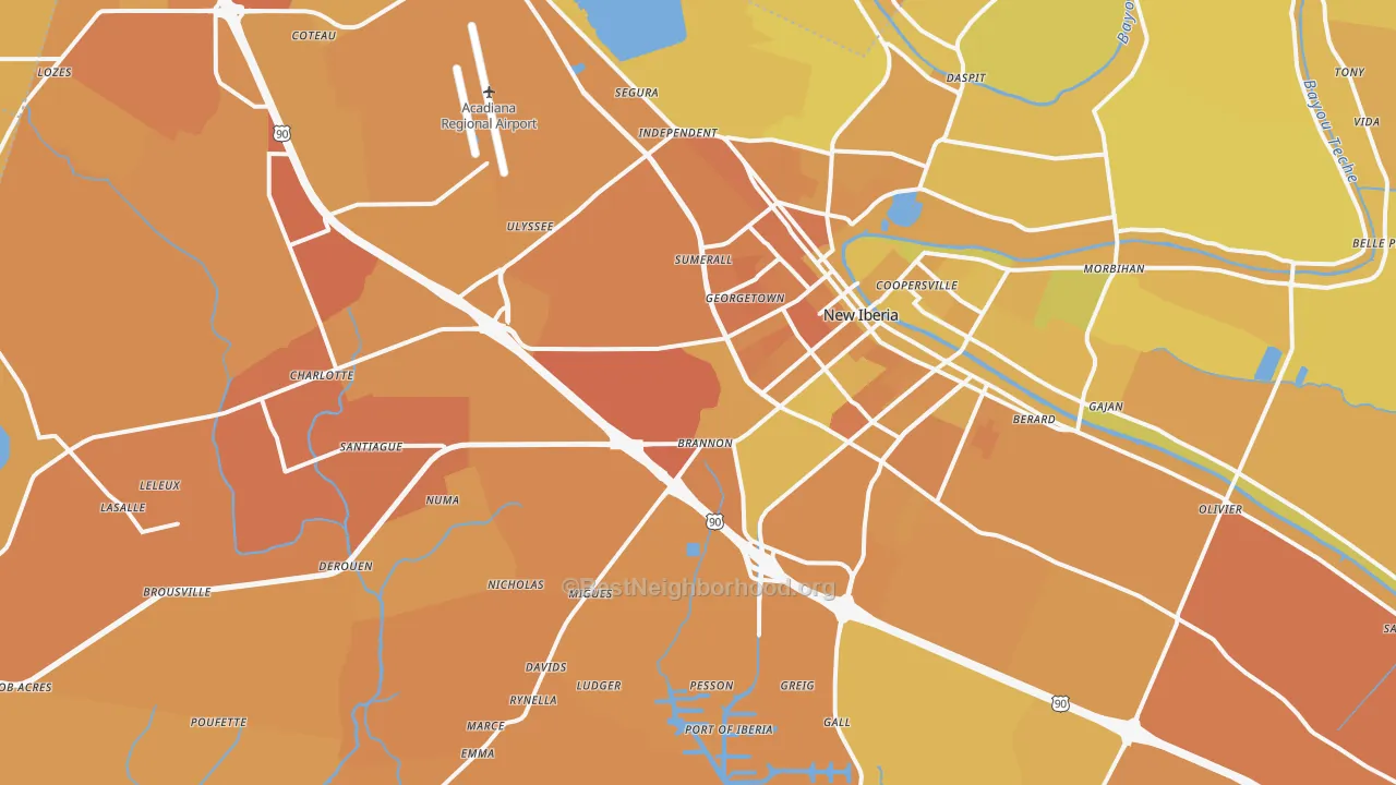 Map of the best neighborhoods in the 70560 area, with better matches in green and worse matches in red